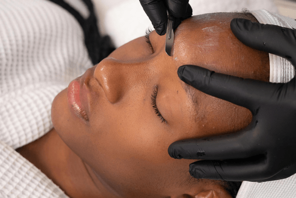 Close-up of a Dermaplane Facial with sterile blade exfoliation to remove peach fuzz and dull surface buildup for smoother skin, brighter tone, and improved product absorption.